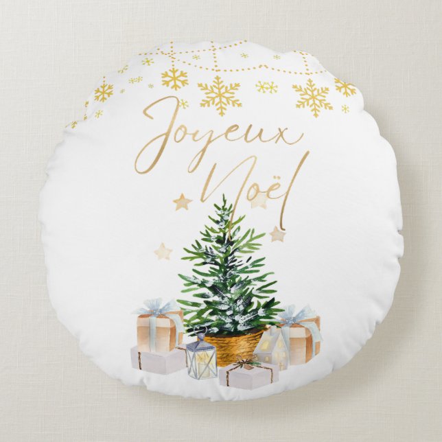 Joyeux Noel Kerstboom Gouden Sneeuwvlokken Rond Kussen (Voorkant)
