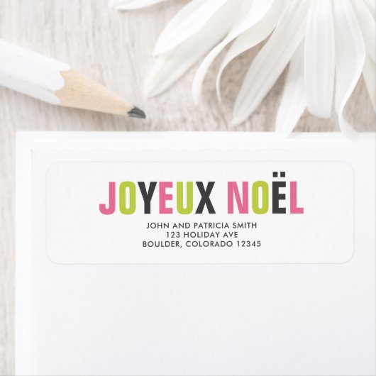 "Joyeux Noel" Kleurrijke vetgedrukte letters Etiket (Insitu)