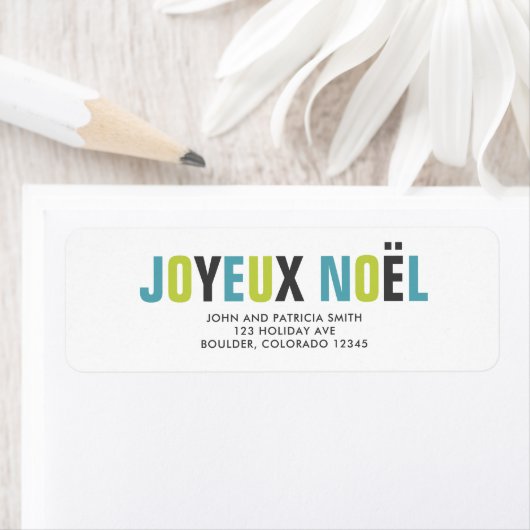 "Joyeux Noel" Kleurrijke vetgedrukte letters Etiket (Insitu)