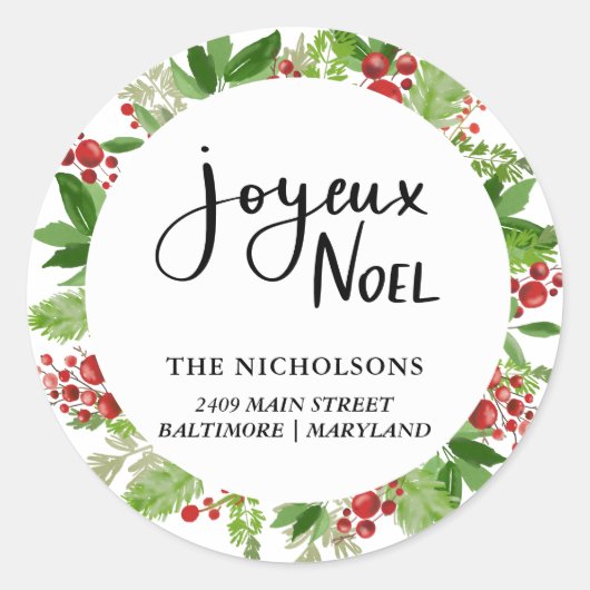 Joyeux Noel Krans Feestscript | Vakantie Ronde Sticker (Voorkant)