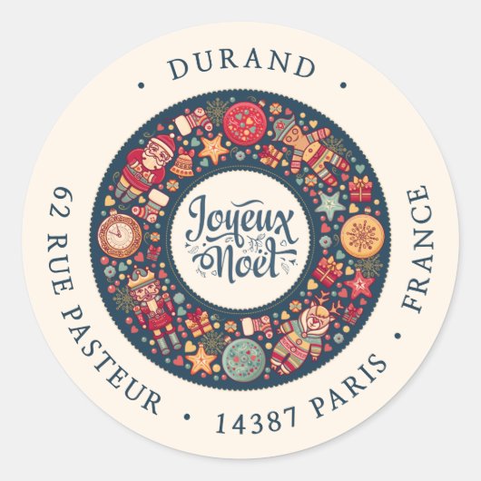 Joyeux Noel krans Frans blauw retouradres Ronde Sticker (Voorkant)