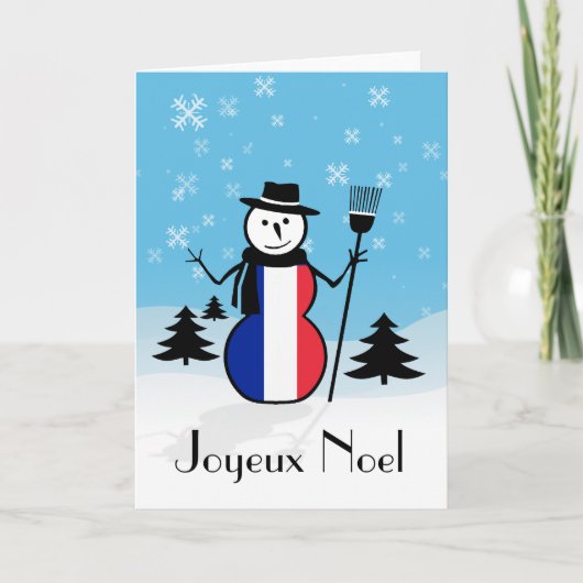 Joyeux Noel Merry Christmas French Snowman Frankri Feestdagen Kaart (Voorkant)
