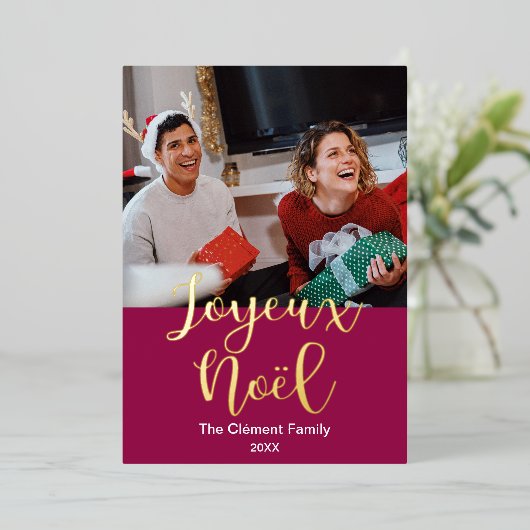 Joyeux noël Merry Kerstmis in het Frans , elegant Folie Feestdagenkaart (Staand Voorkant)