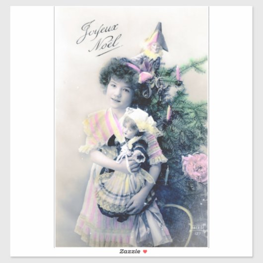  Joyeux Noël met meisje en pop Sticker (Vel)