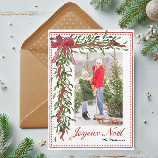 Joyeux Noël Mistletoe Red Bow Familiefoto Feestdagenkaart