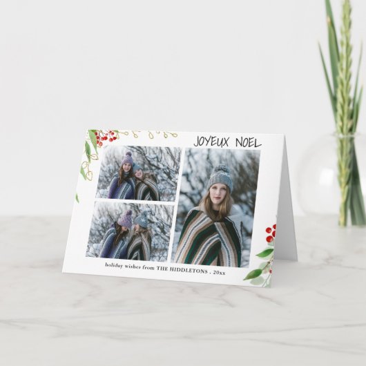 Joyeux Noel Modern Red Gold Berry | Multi Photo Feestdagen Kaart (Voorkant)