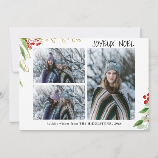 Joyeux Noel Modern Red Gold Berry | Multifoto Feestdagenkaart (Voorkant)