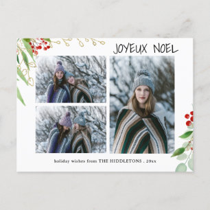 Joyeux Noel Modern Red Gold Berry Multifoto Feestdagenkaart
