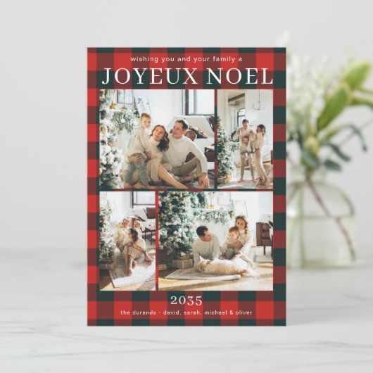 Joyeux Noel Multi Photo Red Buffalo Plaid Feestdagenkaart (Staand voorkant)