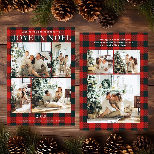 Joyeux Noel Multi Photo Red Buffalo Plaid Feestdagenkaart