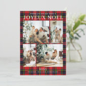 Joyeux Noel Multi Photo Red Plaid Holiday Kaart (Staand voorkant)