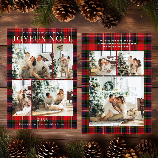 Joyeux Noel Multi Photo Red Plaid Holiday Kaart