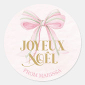 Joyeux Noël Pink & Green French Coquette Bow Ronde Sticker (Voorkant)