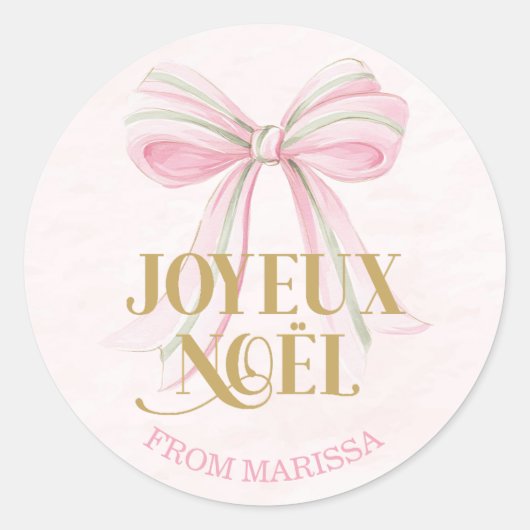 Joyeux Noël Pink & Green French Coquette Bow Ronde Sticker (Voorkant)