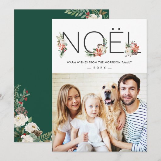 Joyeux Noel Poinsettia Floral kerstfoto Feestdagenkaart (Voorkant / Achterkant)