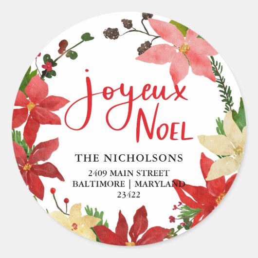 Joyeux Noel Poinsettia Krans Retouradres Ronde Sticker (Voorkant)