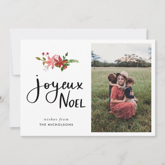 Joyeux Noel | Poinsettia-scriptfoto Feestdagenkaart (Voorkant)
