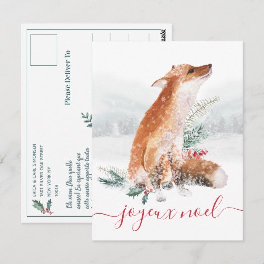 Joyeux Noel Renard Rouge Forêt d'Hiver French Briefkaart (Voorkant / Achterkant)