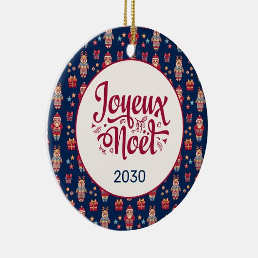 Joyeux Noel Retro Santa Blue Keramisch Ornament (Rechts)