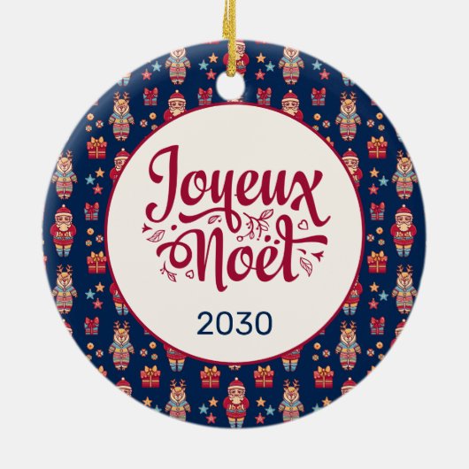 Joyeux Noel Retro Santa Blue Keramisch Ornament (Achterkant)