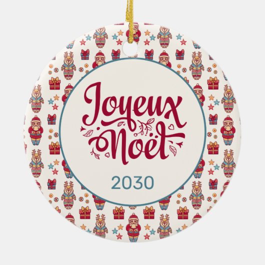 Joyeux Noel Retro Santa Cream Keramisch Ornament (Achterkant)