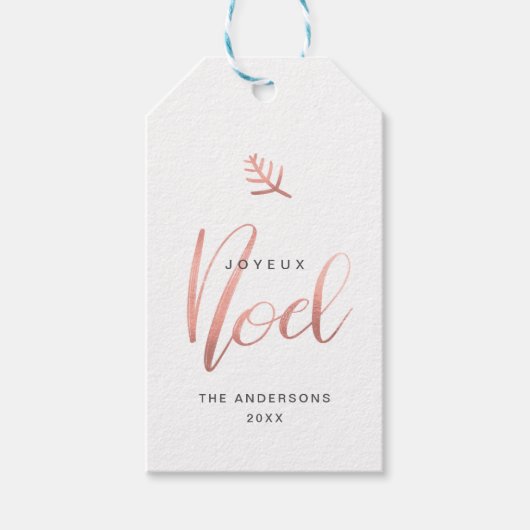 Joyeux Noel Roos Goud Modern Vakantie Minimalist Cadeaulabel (Voorkant)