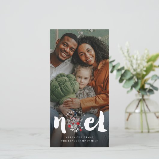 Joyeux Noel Rustic Foliage kerstfoto geborsteld Feestdagenkaart (Staand voorkant)