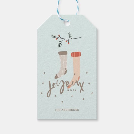 Joyeux Noel Scandinavian Stocking Kerstmis Cadeaulabel (Voorkant)