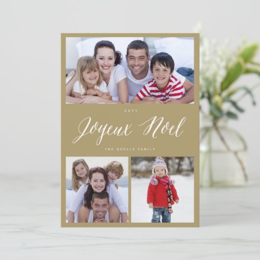 Joyeux Noel Script 3 Foto met kerstmis Feestdagenkaart (Staand voorkant)