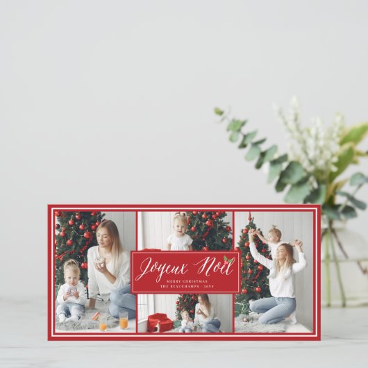 Joyeux Noel Simple Script Moderne 4-fotoKerstmis Feestdagenkaart (Staand voorkant)