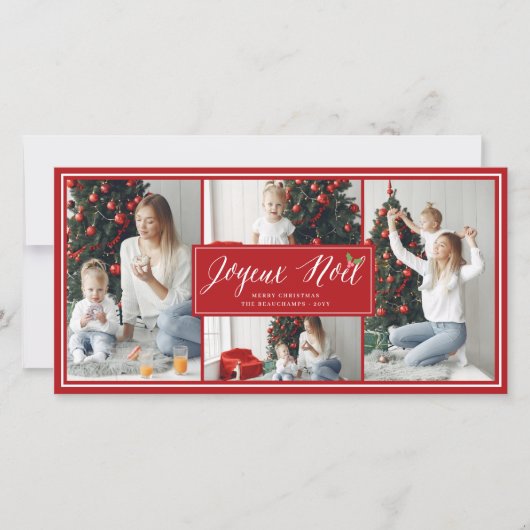 Joyeux Noel Simple Script Moderne 4-fotoKerstmis Feestdagenkaart (Voorkant)