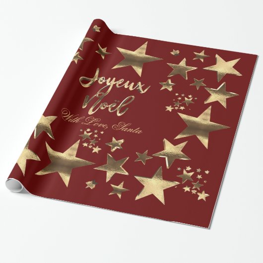Joyeux Noël Stars Red Gold Elegant Kerstmis Cadeaupapier (Uitgerold)