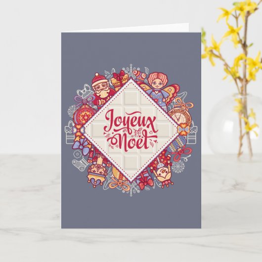 Joyeux Noel: traditionele kerst met rood grijs Kaart (Gele Bloem)