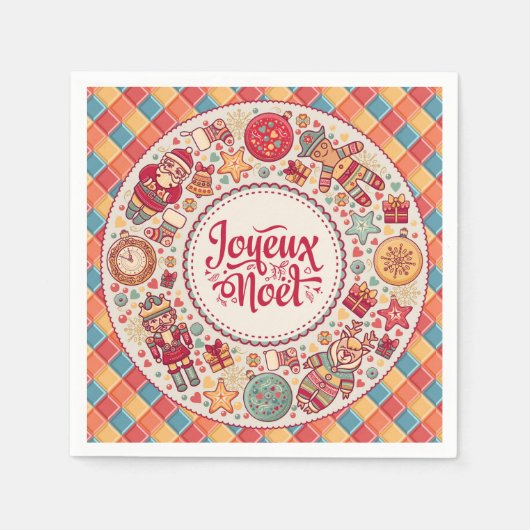 Joyeux Noel Traditionele volkskunst Franse Kerstmi Servet (Voorkant)