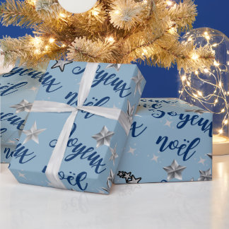 Joyeux Noël - Vrolijk Kerstfeest - Blauw & Zilver Cadeaupapier