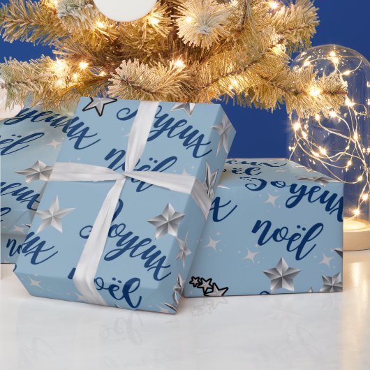 Joyeux Noël - Vrolijk Kerstfeest - Blauw & Zilver Cadeaupapier (Feestdagen)