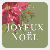 Joyeux Noël Waterverf Poinsettia Kerstmis Vierkante Sticker (Voorkant)