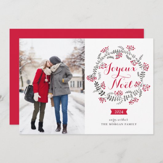 Joyeux Noël Winterberries Krans Kerstfoto Feestdagenkaart (Voorkant / Achterkant)