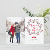 Joyeux Noël Winterberries Krans Kerstfoto Feestdagenkaart (Staand voorkant)