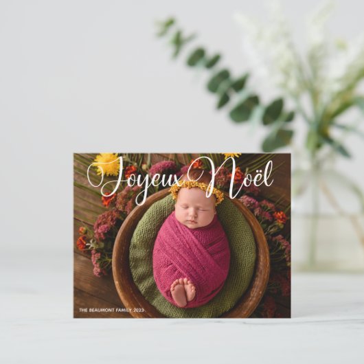 Joyeux Noël Wit Script Chique Foto Kerstmis Feestdagenkaart (Staand voorkant)