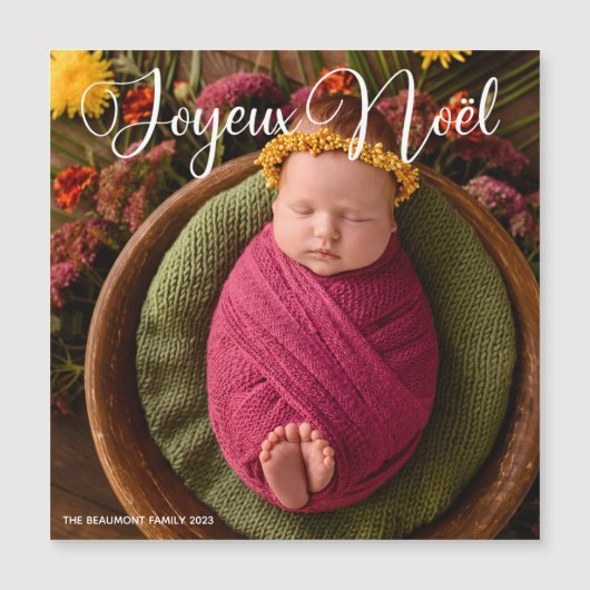 Joyeux Noël Wit Script Foto Kerstmagneet (Voorkant)