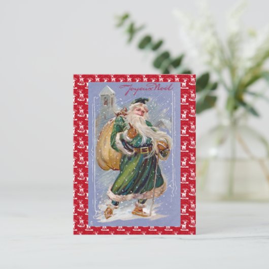 Joyeuze Noel aka Merry Christmas Green Santa Claus Feestdagenkaart (Staand voorkant)