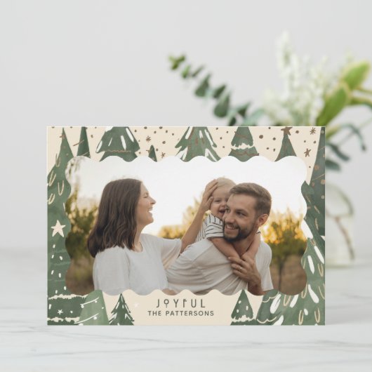 Joyful 2 Foto Familie Winter Kerstbomen Feestdagenkaart (Staand voorkant)