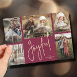 JOYFUL 5 foto Cranberry Kerstmis Feestdagenkaart<br><div class="desc">Op kerstkerstkaarten met meerdere foto's staan uw familienaam en het woord Joyful in chique gouden belettering op een cranberryachtergrond op de voorkant en uw personalisatie en groet op de achterkant. Selecteer High Definition voor de beste fotokwaliteit. MEER kleuren in ons collectie.</div>