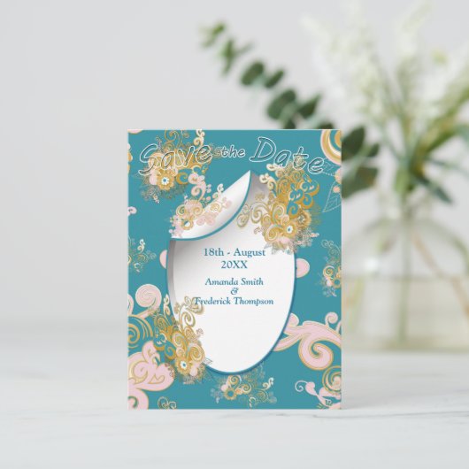 Joyful Abstract roze, Sky-blue - roze bloemen Aankondigingskaart (Staand voorkant)