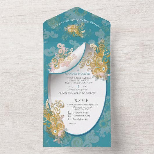 Joyful Abstract roze, Sky-blue - roze bloemen All In One Uitnodiging (Binnen)