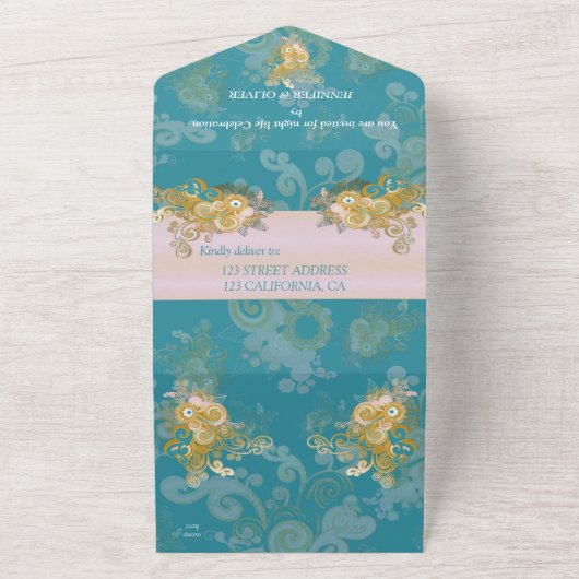 Joyful Abstract roze, Sky-blue - roze bloemen All In One Uitnodiging (Buitenkant)