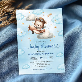 Joyful airplane teddy bear blue baby shower invite kaart