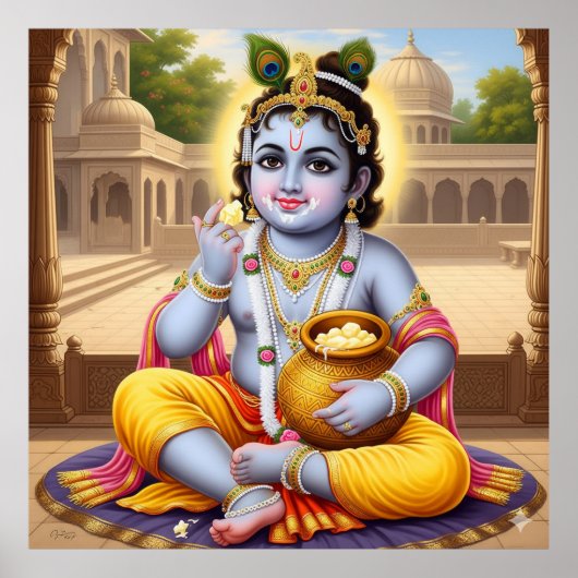 Joyful Blue Classic Bala Krishna Pot Art Design Poster (Voorkant)