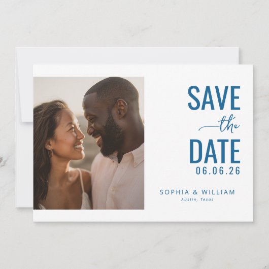 Joyful Blue Minimalist Photo Save The Date (Voorkant)